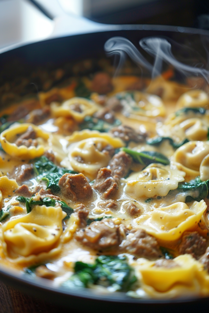 Garlic Butter Beef and Spinach Tortellini – The Ultimate One-Pan Comfort Meal 6 Garlic Butter Beef and Spinach Tortellini in a cast iron skillet with garlic and herbs