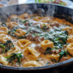 Garlic Butter Beef and Spinach Tortellini – The Ultimate One-Pan Comfort Meal 7 Plated Garlic Butter Beef and Spinach Tortellini garnished with parsley and Parmesan