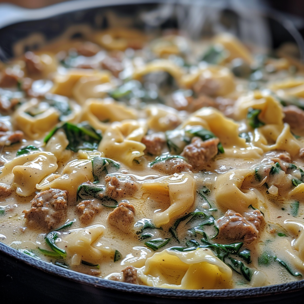 Garlic Butter Beef and Spinach Tortellini in a hot skillet