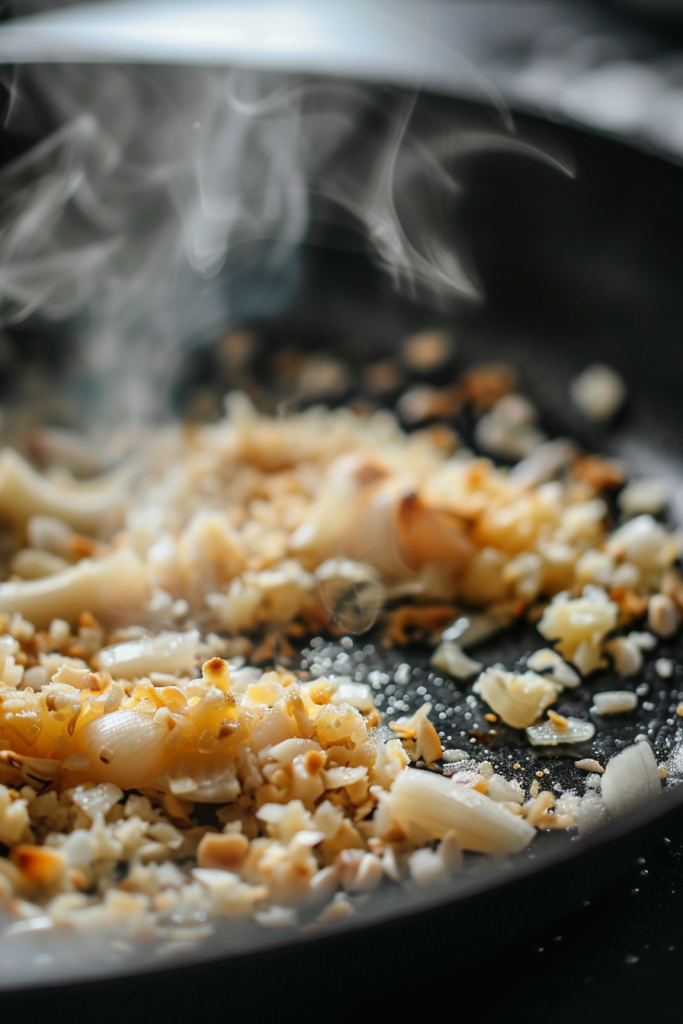 Garlic Butter Beef and Spinach Tortellini – The Ultimate One-Pan Comfort Meal 8 Garlic sizzling in butter for pasta sauce