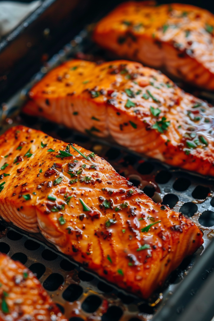 Air Fryer Pomegranate Glazed Salmon – The Ultimate Easy Gourmet Recipe 9 Salmon cooking in air fryer with pomegranate glaze