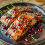 Air Fryer Pomegranate Glazed Salmon – The Ultimate Easy Gourmet Recipe 7 Close-up of air fryer pomegranate glazed salmon fillet with shiny BBQ and pomegranate glaze