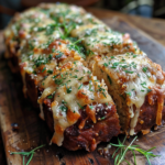 Garlic Parmesan Chicken Meatloaf – The Ultimate Juicy, Cheesy Twist to Classic Comfort 7 Close-up of baked garlic parmesan chicken meatloaf with golden crispy cheese crust