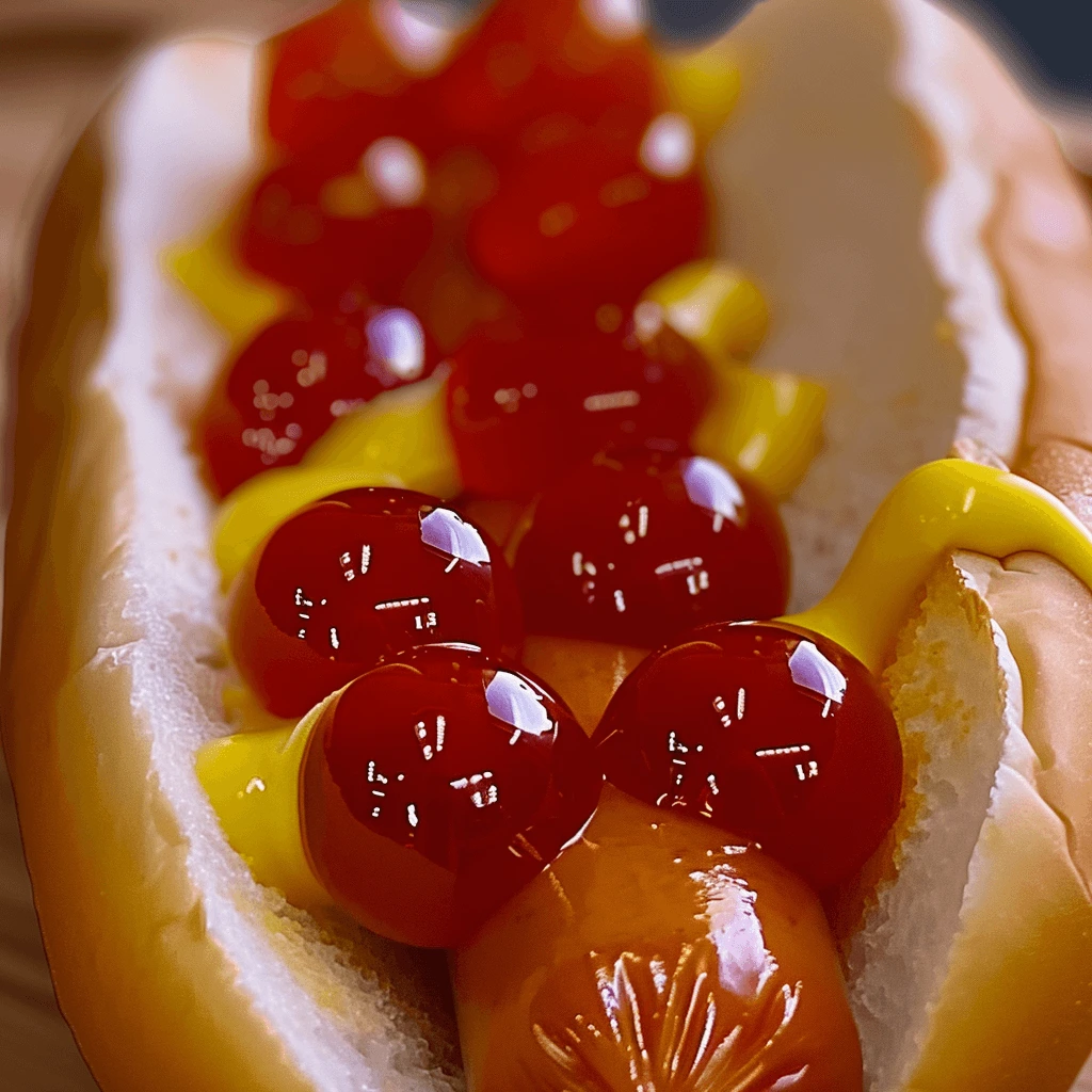 Ketchup and mustard boba pearls on a hot dog