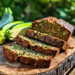 Keto Zucchini Bread: How To Bake The Perfect Low-Carb Loaf 5 Freshly baked slices of keto zucchini bread on a wooden board, showing a moist texture with visible zucchini pieces.