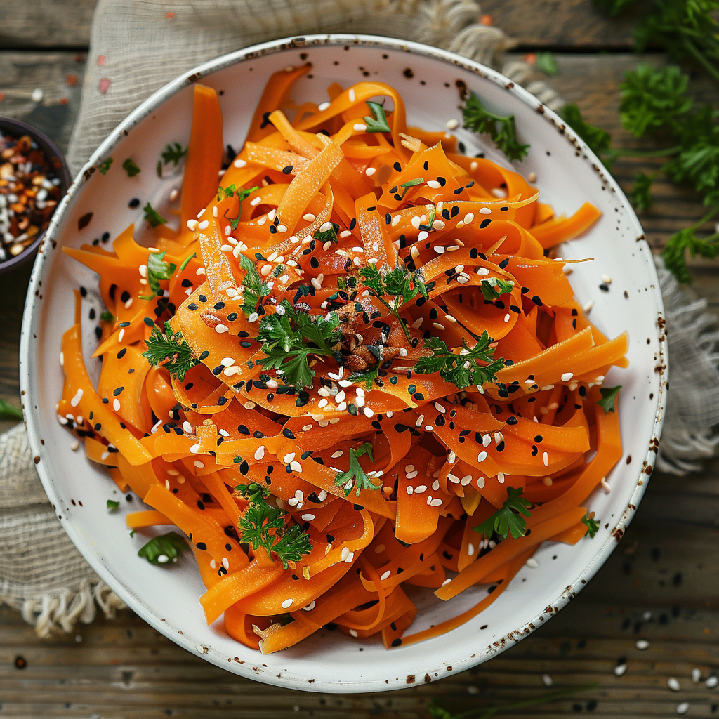 korean carrot salad in white bowl with sesame garnish