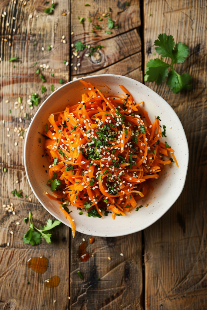 Korean Carrot Salad – The Zesty, Crunchy Classic You’ll Want Every Week 6 Korean carrot salad with sesame seeds and fresh herbs in a white bowl on rustic wood