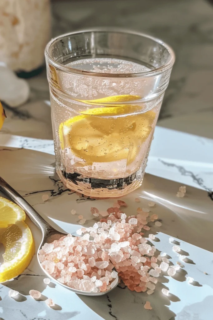 Glass of pink salt lemon drink with lemon slices and pink salt crystals on a marble surface.
