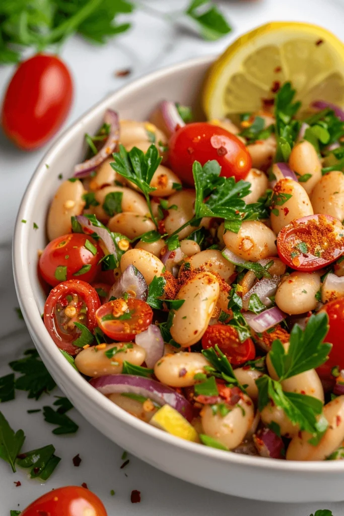 How to Make the Best Marinated Zaatar Bean Salad at Home 6 Overhead view of marinated zaatar bean salad with cherry tomatoes, red onion, lemon slices, and fresh parsley.