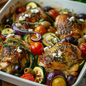 Mediterranean chicken zucchini bake in white baking dish with roasted veggies