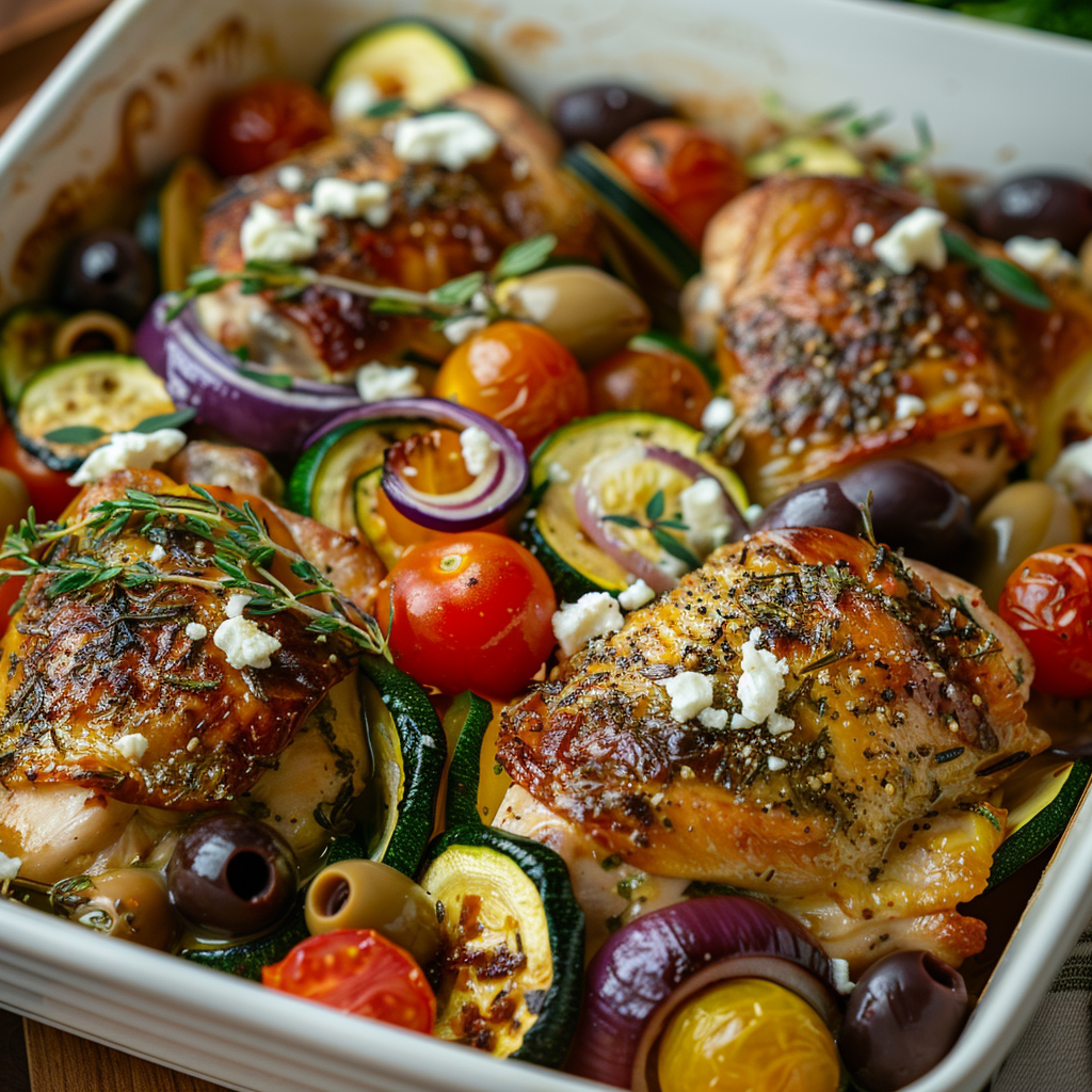 Mediterranean chicken zucchini bake in white baking dish with roasted veggies