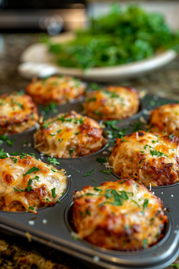 Garlic Parmesan Chicken Meatloaf – The Ultimate Juicy, Cheesy Twist to Classic Comfort 9 mini garlic parmesan chicken meatloaves in muffin tin