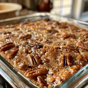 Close-up of pecan pie dump cake topped with toasted pecans