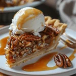 Pecan Pie Dump Cake: The Irresistibly Easy Dessert You’ll Crave Again and Again 6 A slice of pecan pie dump cake topped with vanilla ice cream and caramel drizzle