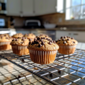 chocolate chip protein muffins cooling on a rack