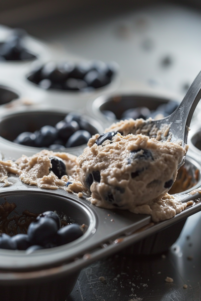 scooping blueberry protein muffin batter