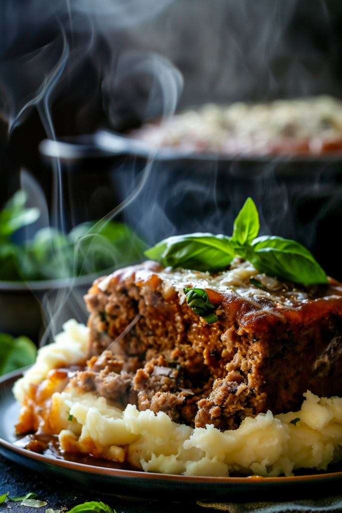 Stuffed Italian Meatloaf Recipe That’ll Blow Your Mind (Cheesy & Savory) 9 served stuffed Italian meatloaf with mashed potatoes