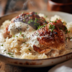 Creamy Smothered Chicken and Rice – A Soulful Comfort Classic with a Creamy Twist 7 Close-up of creamy smothered chicken and rice garnished with fresh herbs