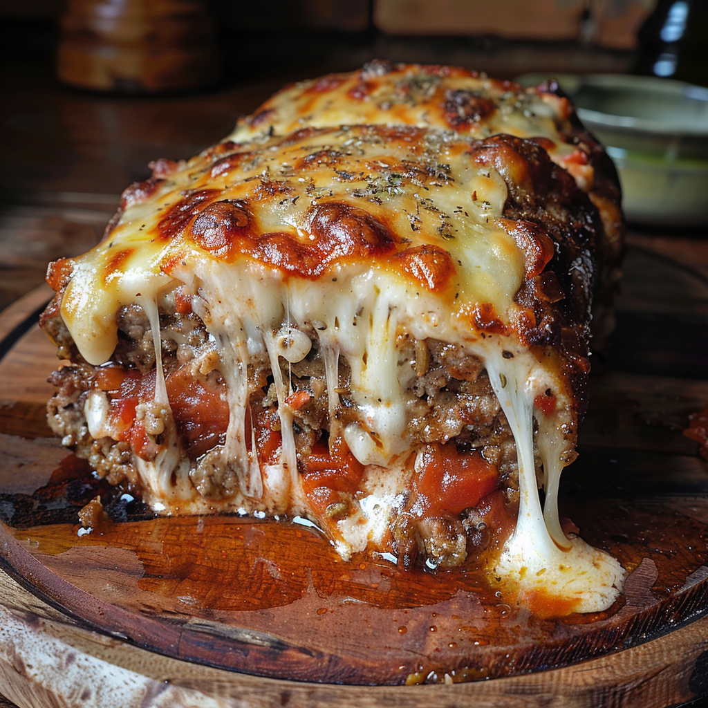 Stuffed Italian meatloaf with gooey cheese filling