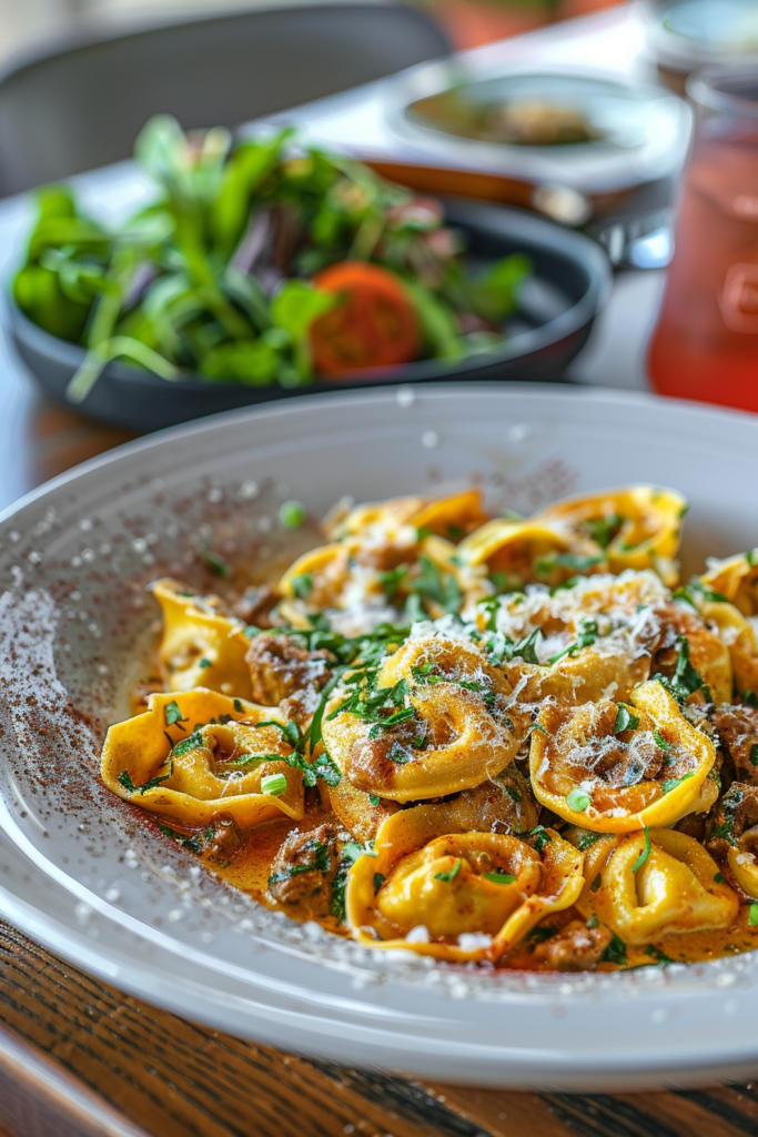 Garlic Butter Beef and Spinach Tortellini – The Ultimate One-Pan Comfort Meal 10 Garlic Butter Beef and Spinach Tortellini plated with salad