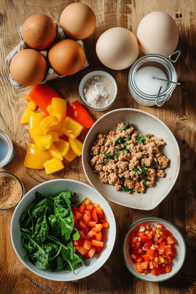 Frozen Wegovy Recipe for Easy Weight Loss: A Chill Way to Stay on Track 7 Fresh ingredients including eggs, ground turkey, bell peppers, spinach, and almond milk for making egg muffins
