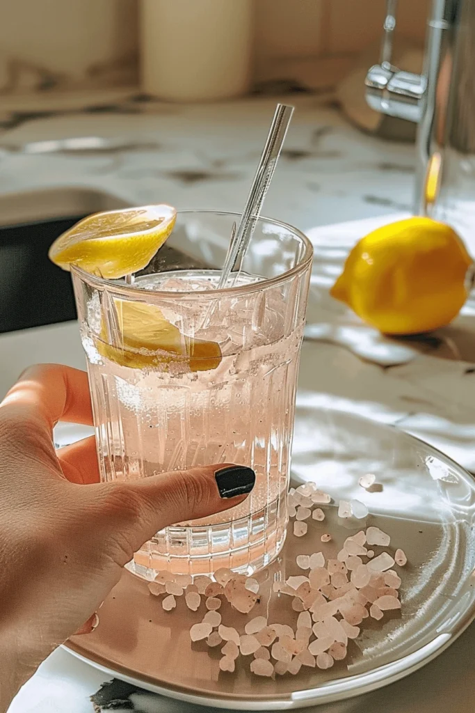 Woman enjoying pink salt diet drink for weight loss