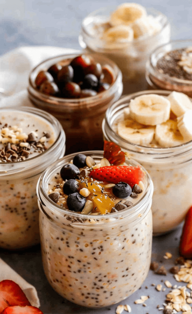 Glass jars filled with different overnight oats flavors topped with fruit and nuts.