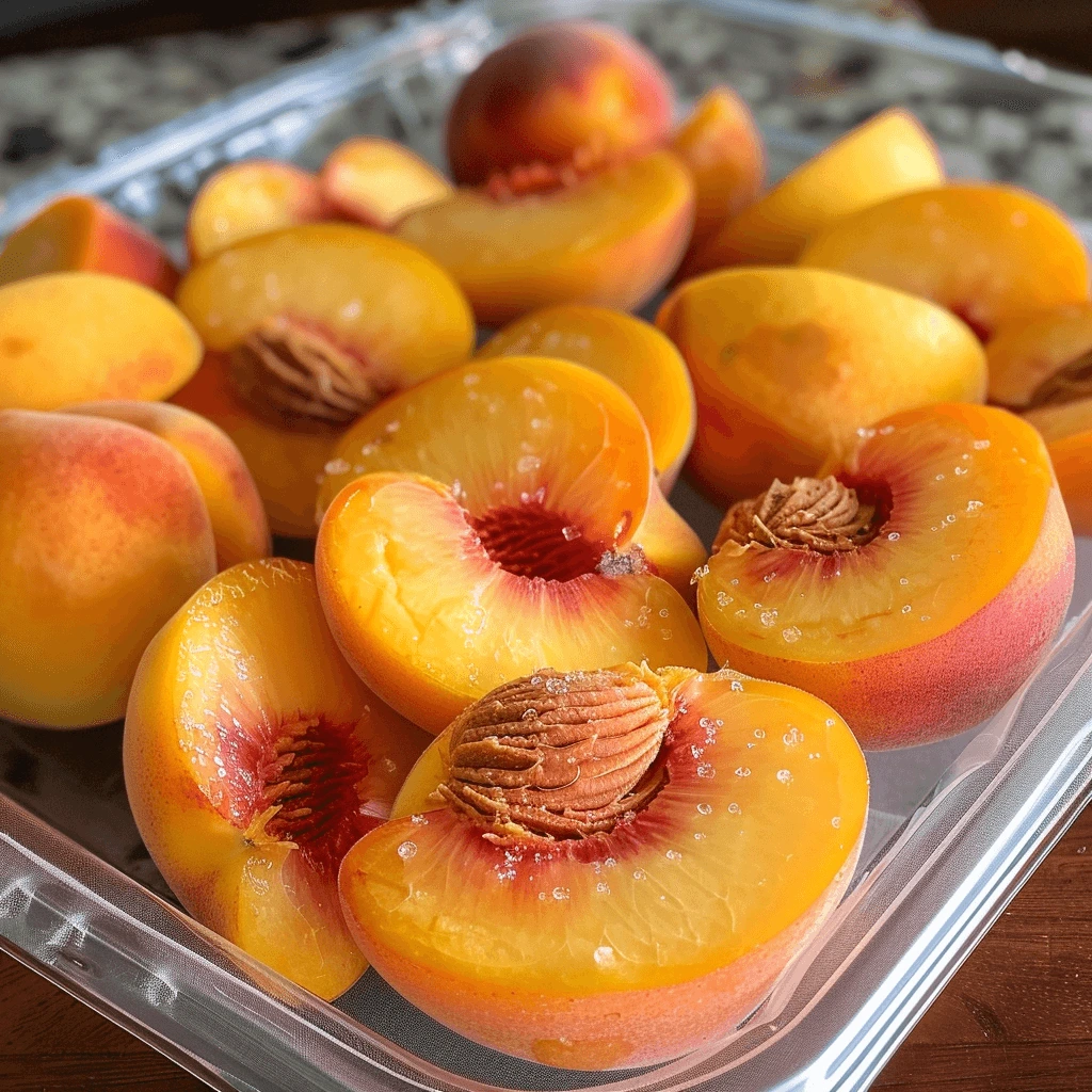 10 Cozy & Easy Freezing Peaches Recipes 1 A cozy flat-lay of frozen peach slices, smoothies, baked oatmeal, and peach crisp arranged on a rustic kitchen table.