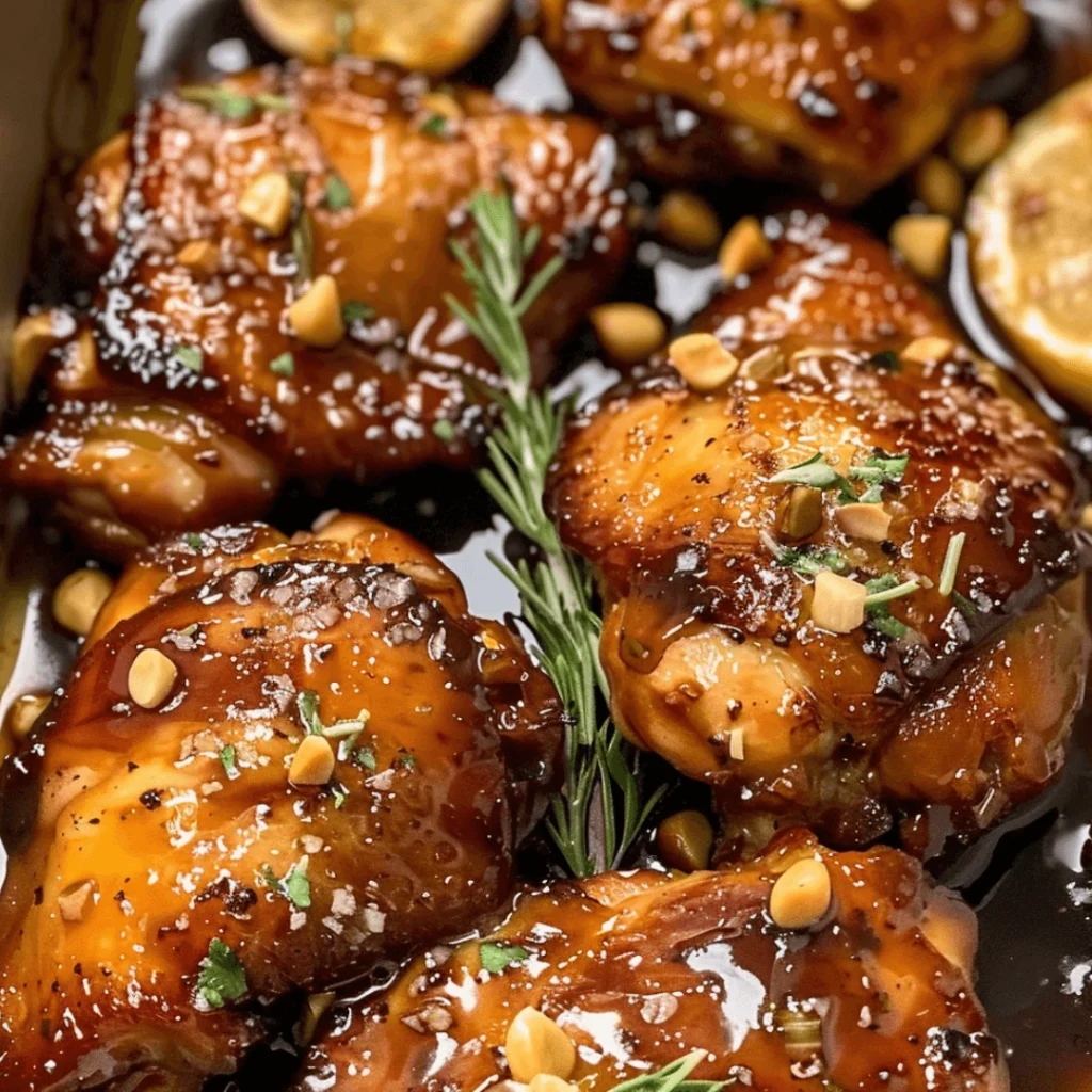 Juicy balsamic fig glazed chicken thighs served with rosemary and mashed potatoes.