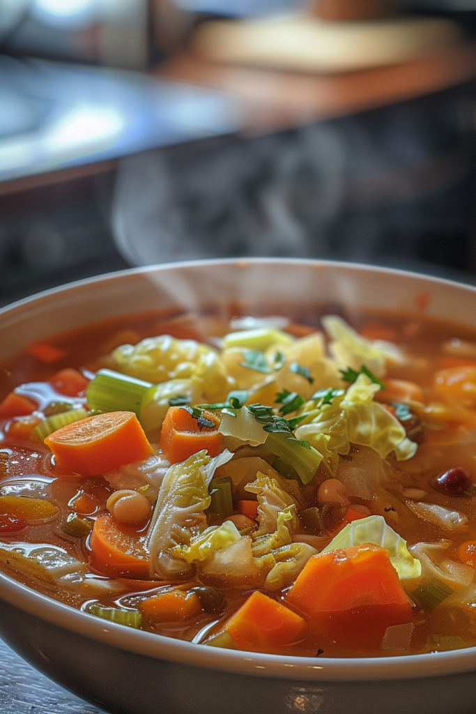 Close-up of cabbage fat-burning soup with carrots, celery, and cabbage in tomato broth