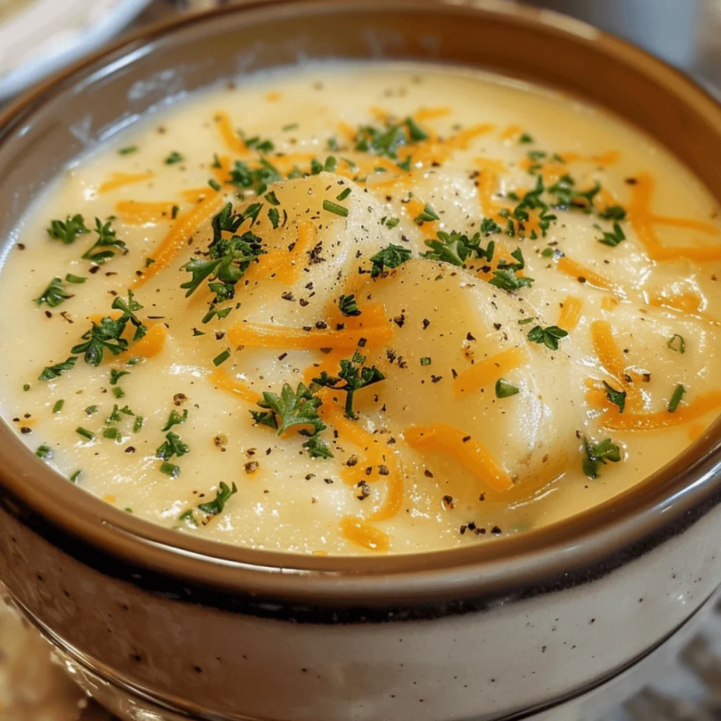 Bowl of creamy cheddar garlic herb potato soup topped with chives and cheddar cheese.
