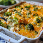 Spoonful of creamy chicken broccoli and cheese casserole served from a baking dish