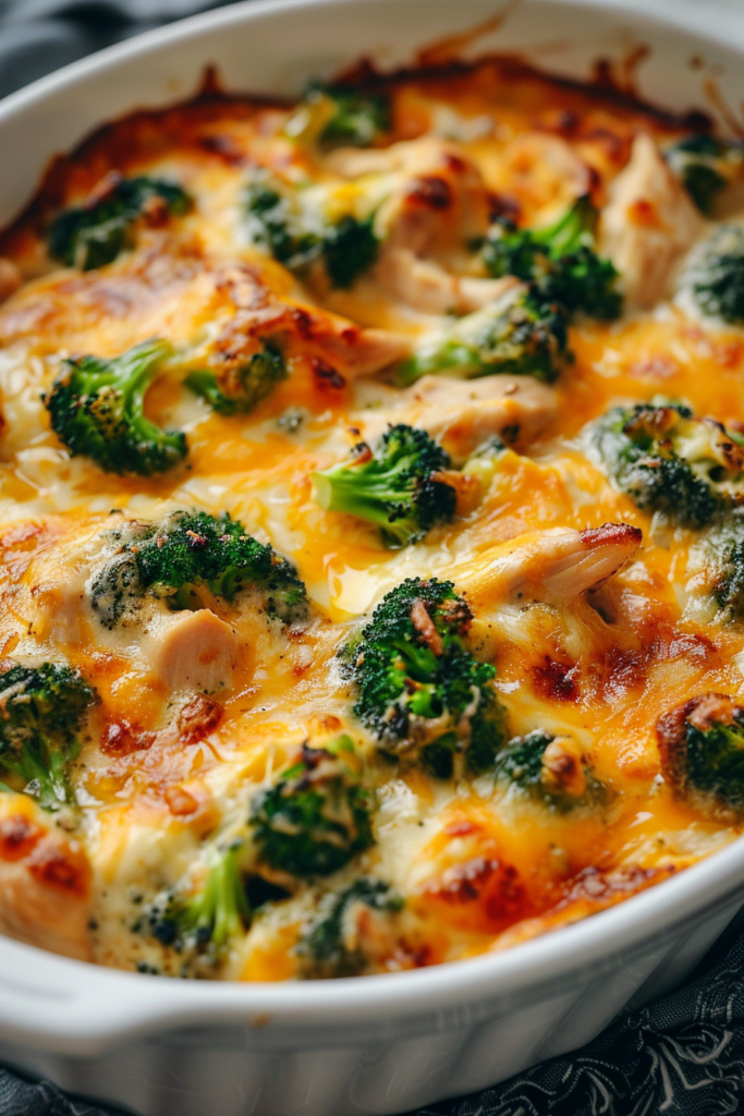 Close-up of chicken broccoli and cheese casserole with melted cheddar on top