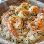 Close-up of Creamy Garlic Butter Shrimp and Rice with juicy shrimp in buttery sauce