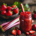 Homemade strawberry rhubarb jam in a glass jar surrounded by fresh fruit