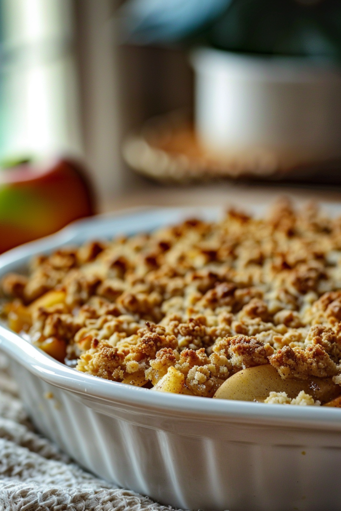 Close-up of apple crisp recipe without oats topped with whipped cream in a white dish