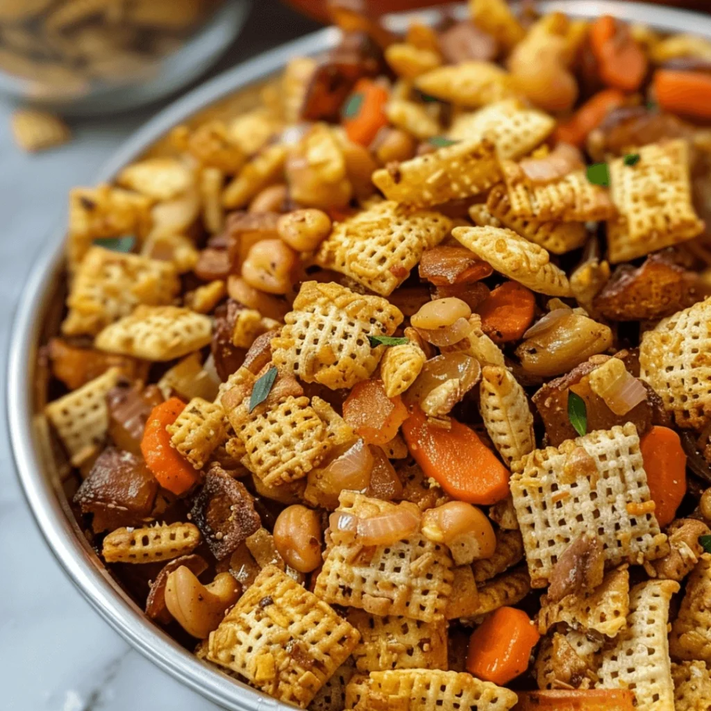 Easy Harvest Hash Chex Mix with pretzels, candy corn, and M&M’s in a festive fall bowl.