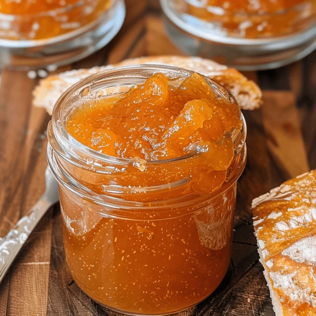 Homemade peach jam in a glass jar with fresh peaches on the side.