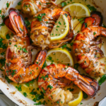 Close-up of lobster poached butter with herbs and citrus in a pan