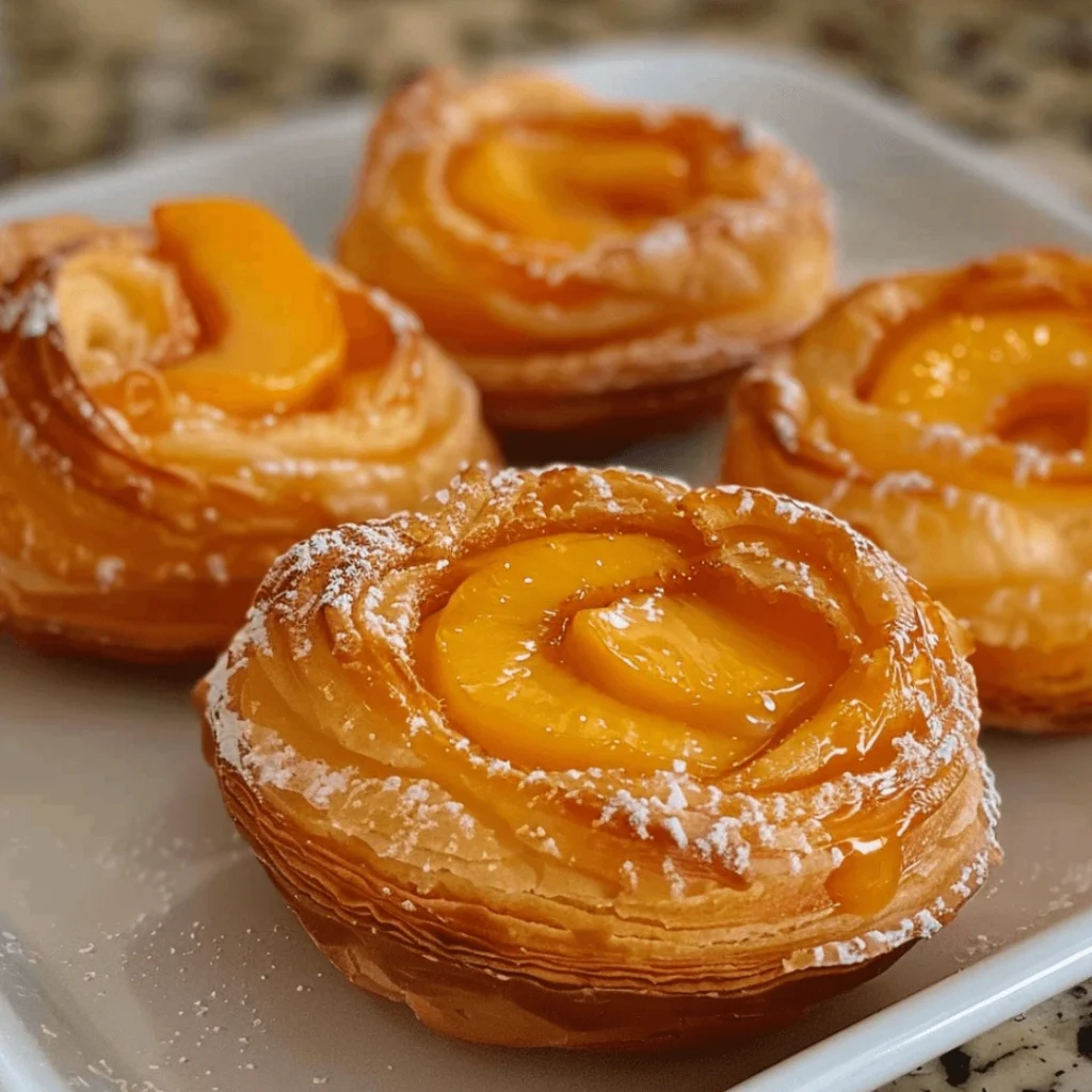 Freshly baked peach pie cruffins in muffin tin, dusted with powdered sugar.
