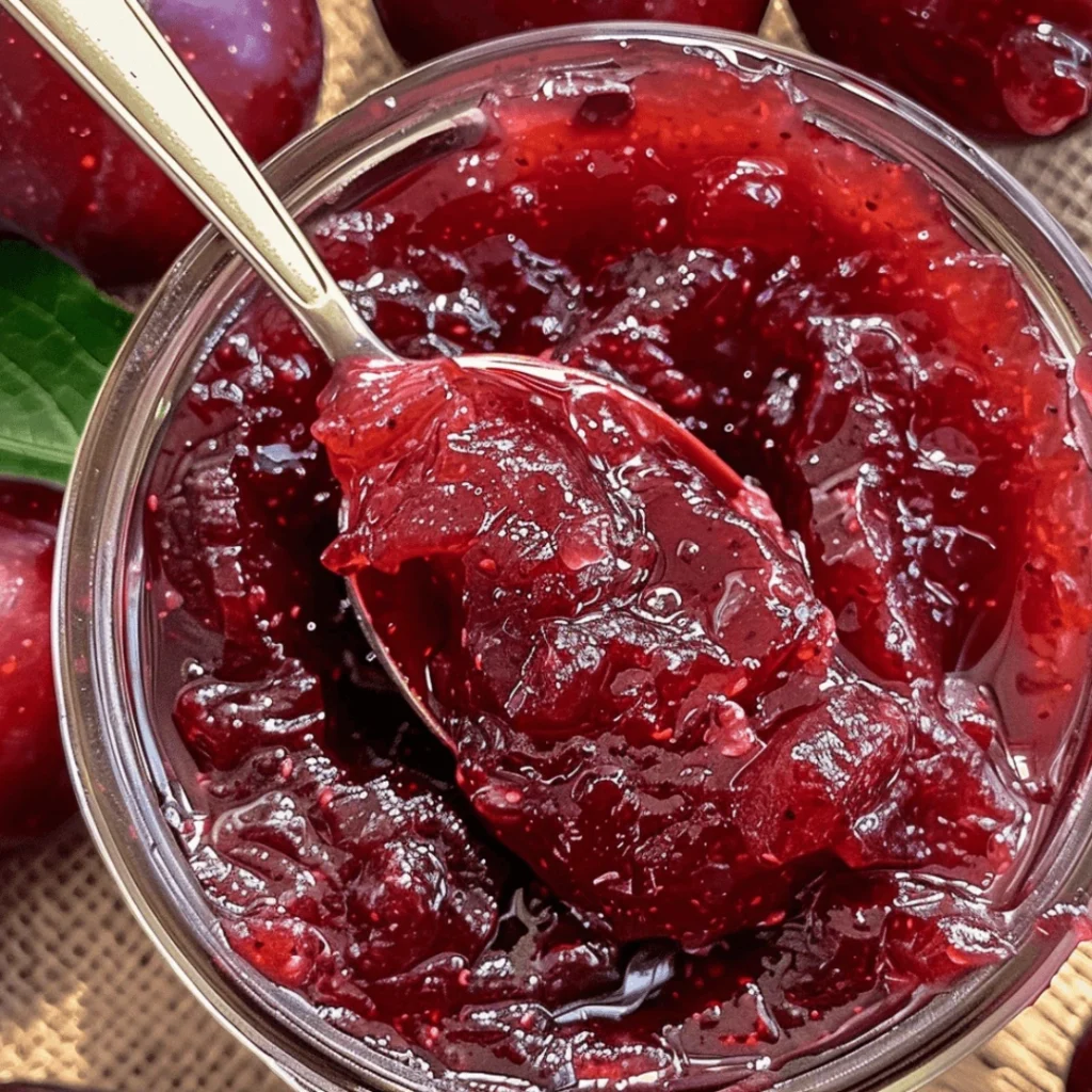 Jar of deep red homemade plum jam beside fresh plums and a wooden spoon