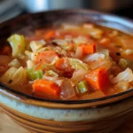 Steaming cabbage fat-burning soup in a white bowl, topped with fresh parsley