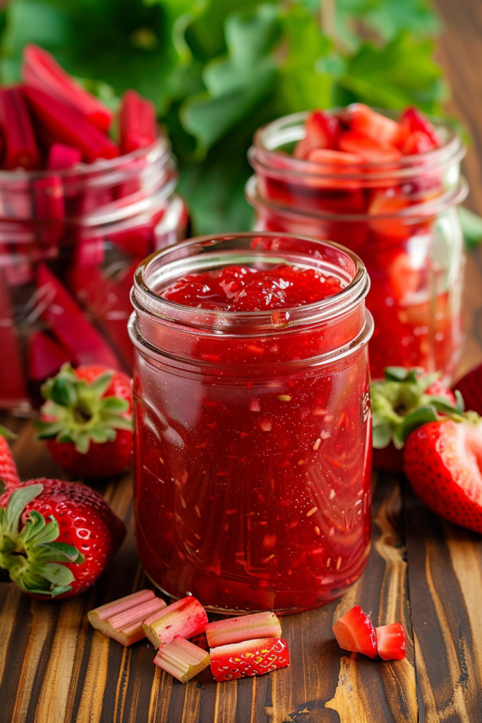 A jar of strawberry rhubarb jam with fresh strawberries and rhubarb pieces