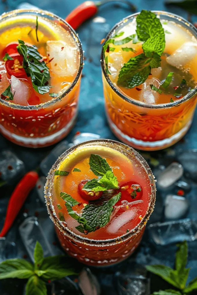 Variations of tomato lemonade with mint, spice, and fizz