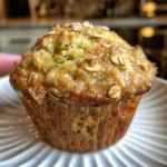 Moist zucchini banana muffins with oats on a cooling rack