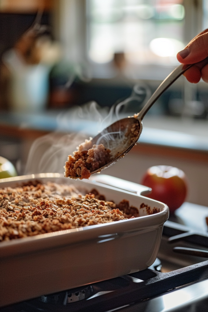 apple crisp recipe without oats topping being served