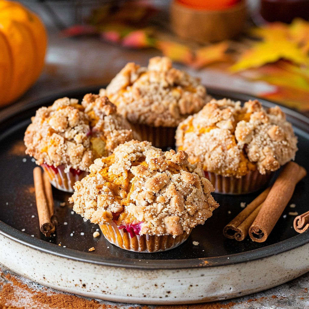 Four apple pumpkin streusel muffins with golden crumb topping on a rustic plate surrounded by autumn décor.