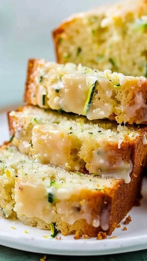 A warm, golden loaf of lemon zucchini bread on a wooden board, sliced with visible flecks of zucchini and a light glaze.