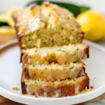Thick slices of lemon zucchini bread on a white plate, garnished with lemon wedges and fresh zucchini curls.