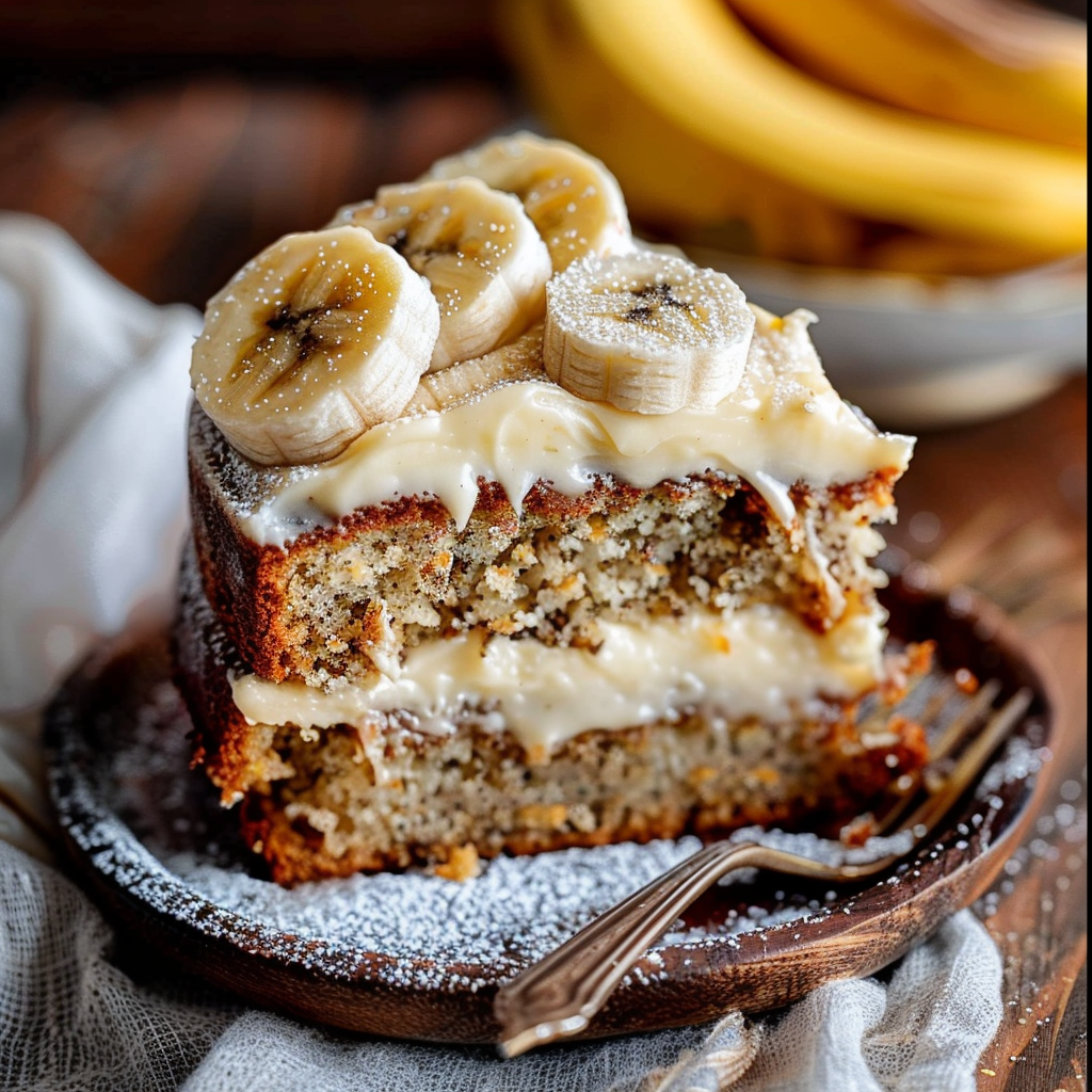 Slice of banana bread cake with creamy white frosting and banana slices on top.